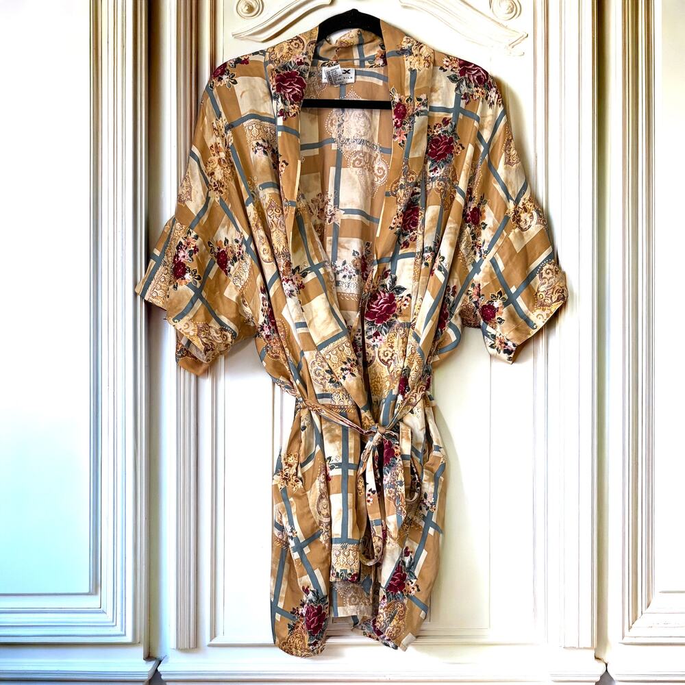 August Silk Floral Paisley Print Silk Kimono Robe Size M Vintage Inspired